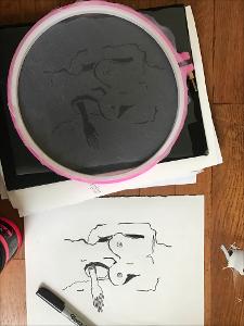 Stencil applied to embroidery hoop and organza for screen printing.jpg.jpg